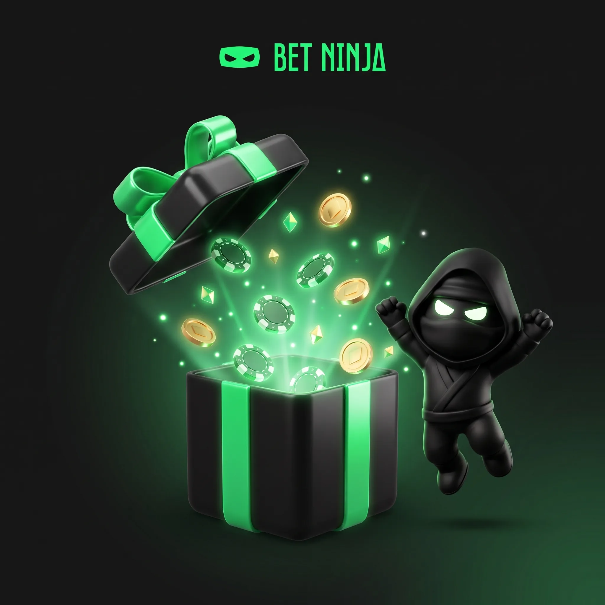 BetNinja-ninja met een cadeau, munten en fiches