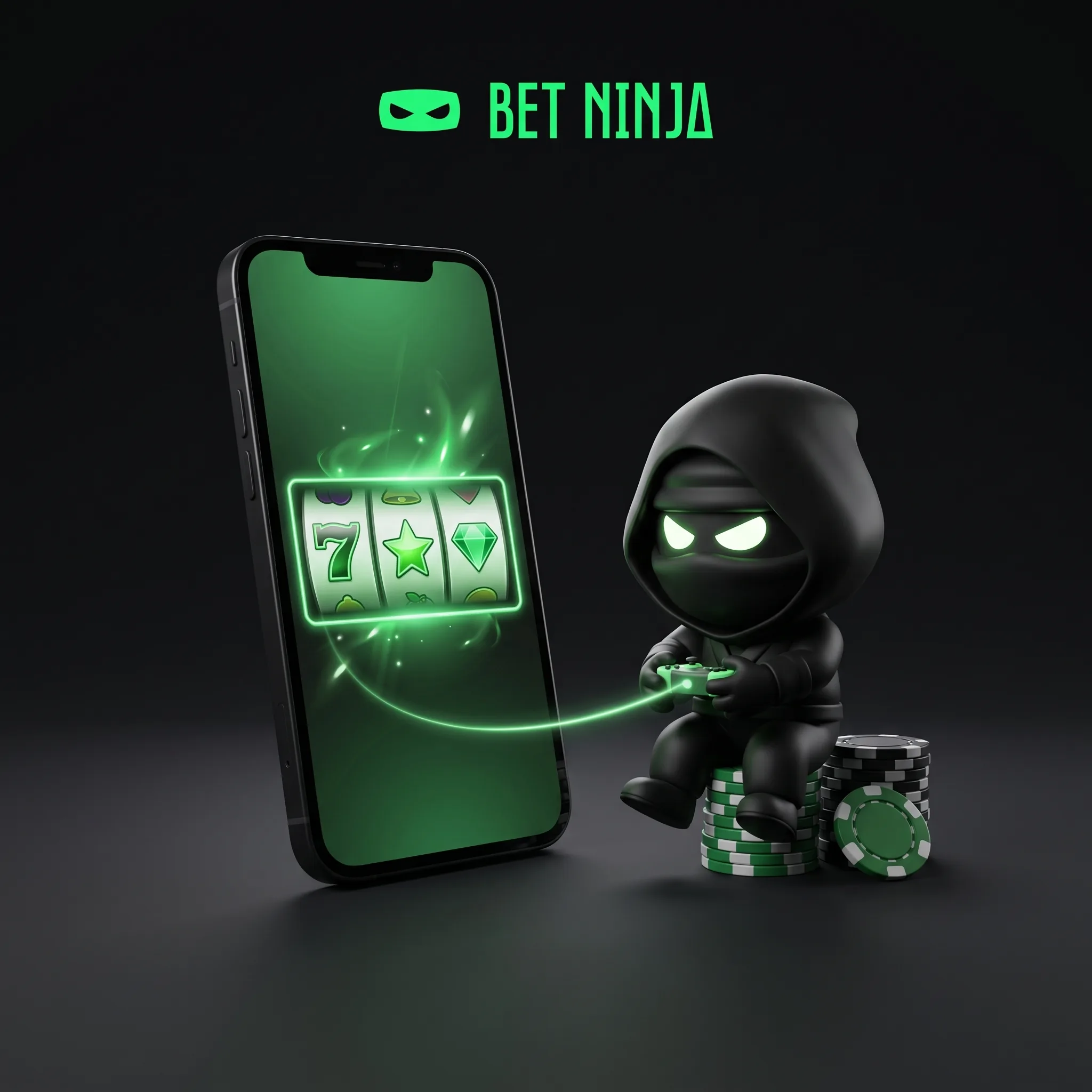 BetNinja-ninja naast een telefoon met een slotspel