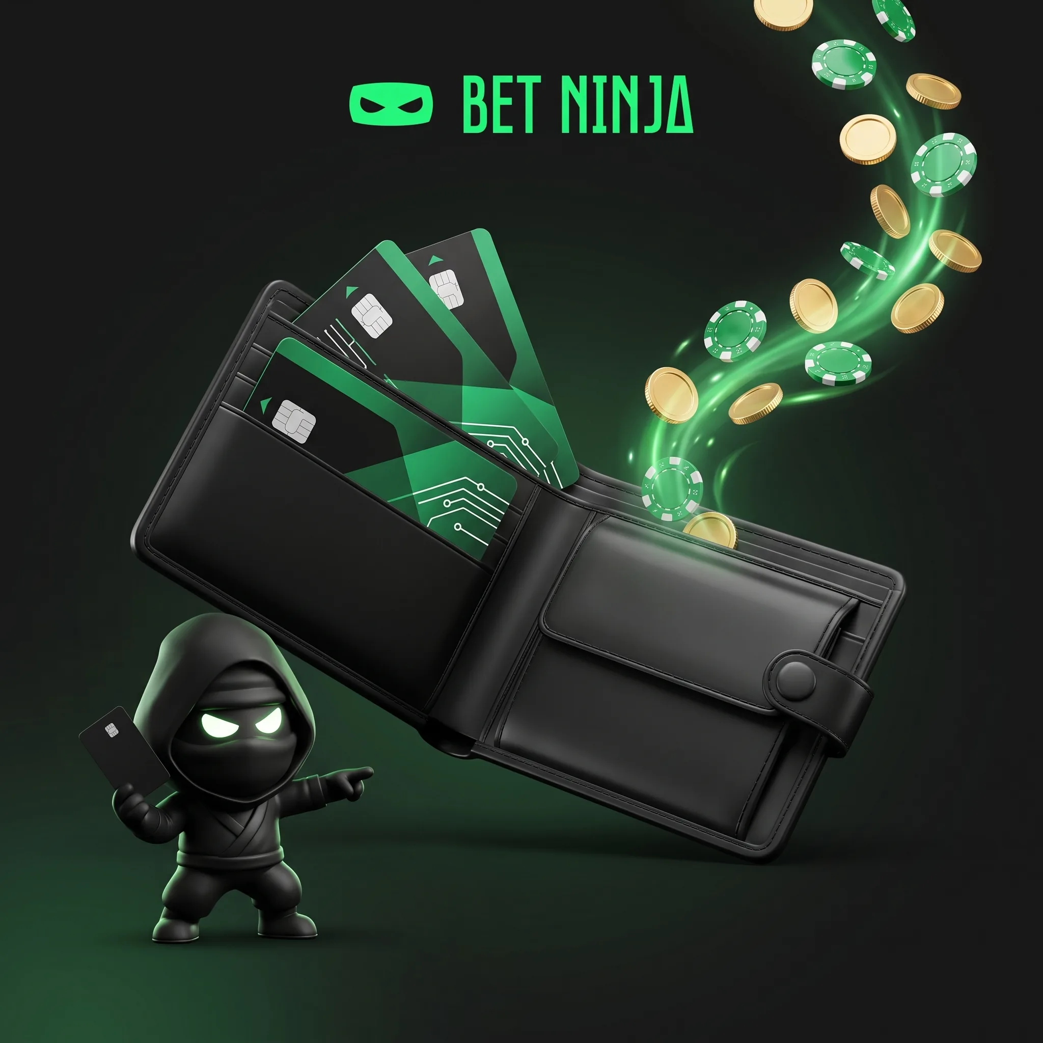 BetNinja-ninja met een wallet, kaarten en fiches