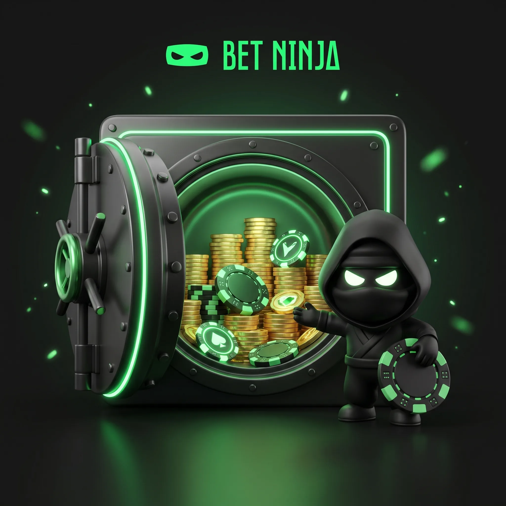 BetNinja-ninja bij een kluis met munten en fiches